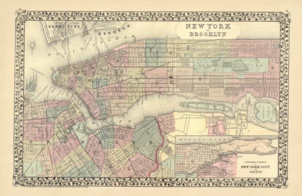 New York City Map, 1878, w/Brooklyn